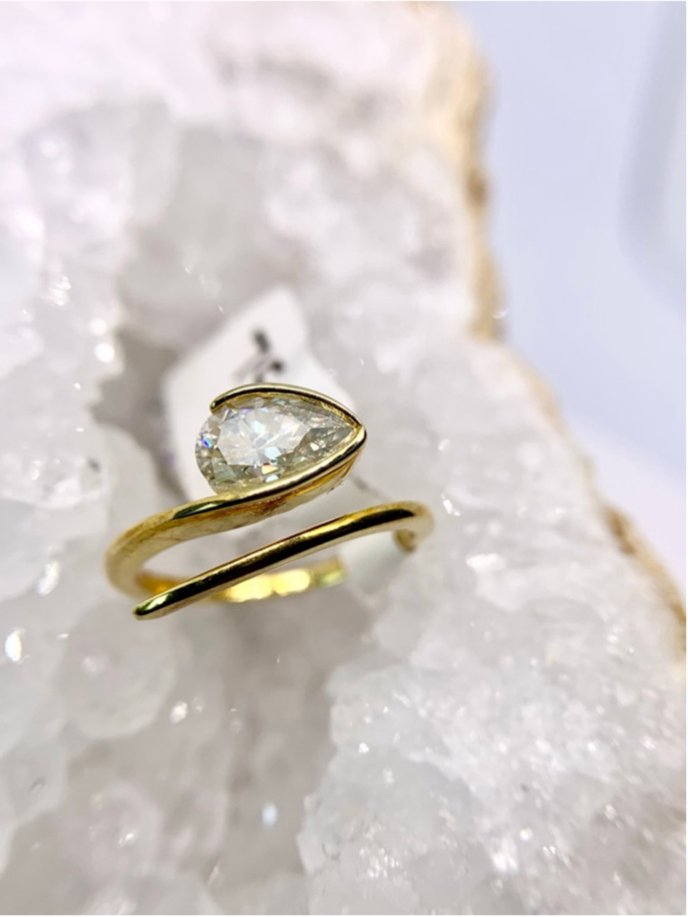 Moissanite Pear Cut Bypass Ring 1 Carat Adjustable Yellow Gold Finish 925 Silver